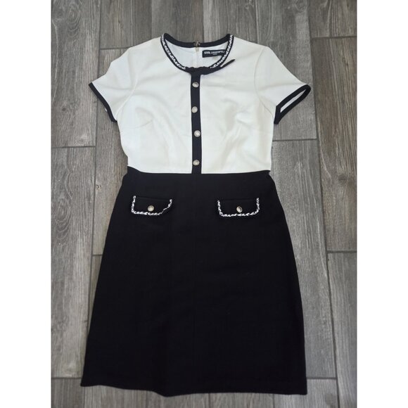 Karl Lagerfeld Colorblock One Piece Dress Sz 8.Faux Pockets And Metallic Buttons - Picture 9 of 9